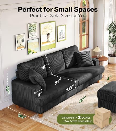 Image of Kidirect 87in Corduroy Couch, 3 Seater Sofa, Sofas & Couches, Black Couch