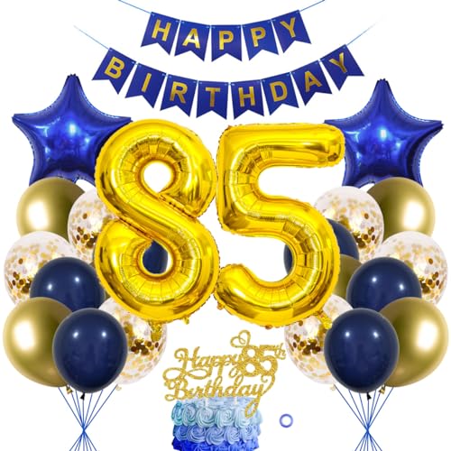 SNOWZAN Décoration d'anniversaire 85 ans - Bleu doré - 25 pièces - Ballons gonflables - Guirlande de ballons - Décoration de gâteau - Pour femme et homme - Adultes - Unisexes-Adultes