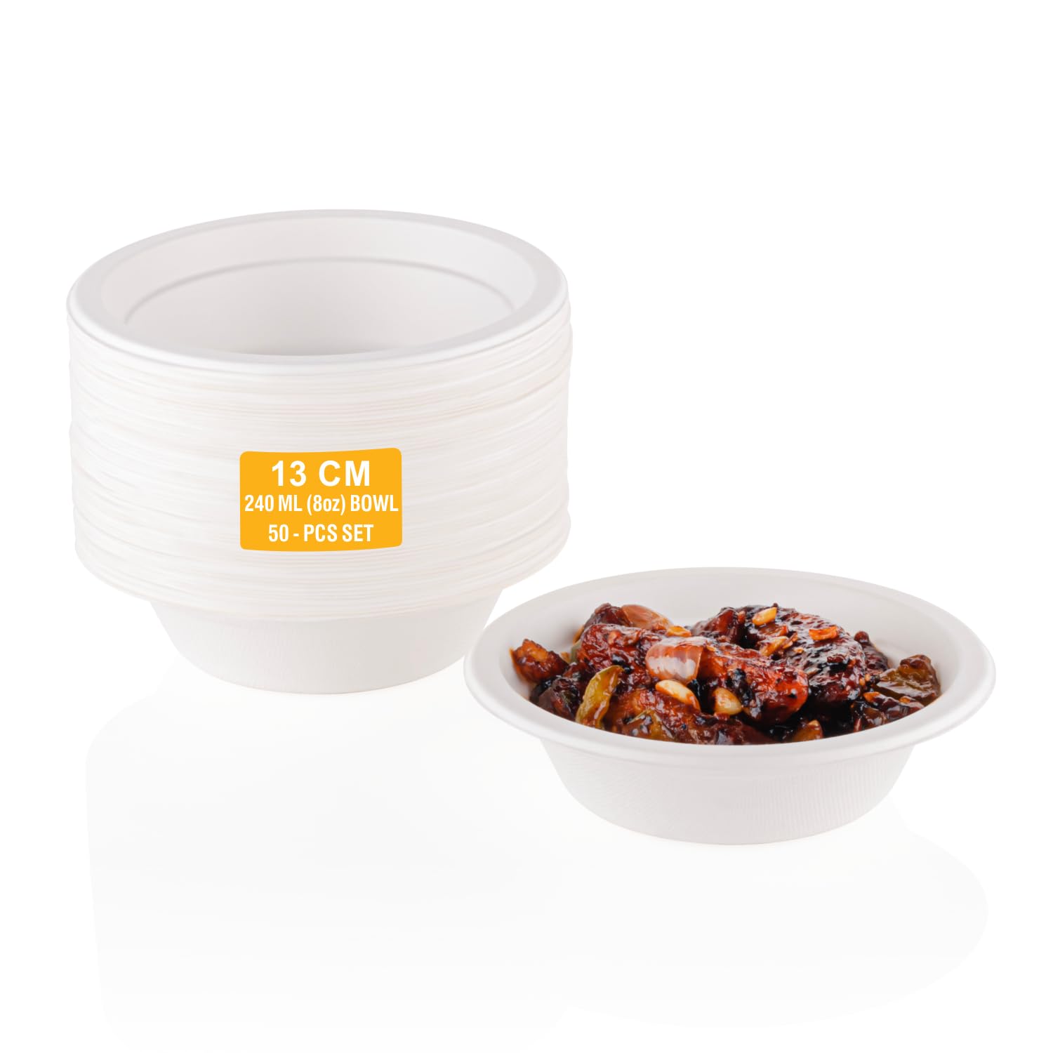 Clazkit 240 Ml, 50-Pack Round Compostable Bagasse Bowls | Disposable Eco-Friendly Biodegradable Dinner | Party, Wedding, Event