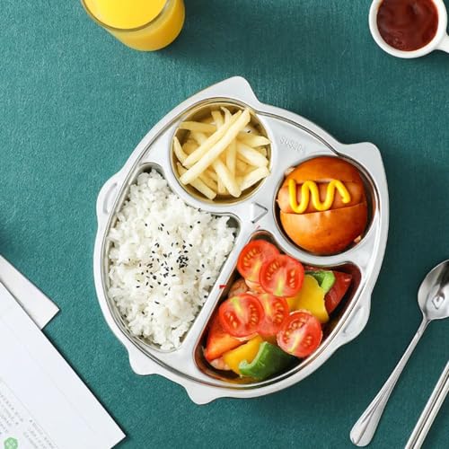 Image of Happy Hues Stainless Steel Divided Meal Plate Tray-4 Compartments Dinner Dish for Baby- Toddler- Kids Eating Food- Owl Shape