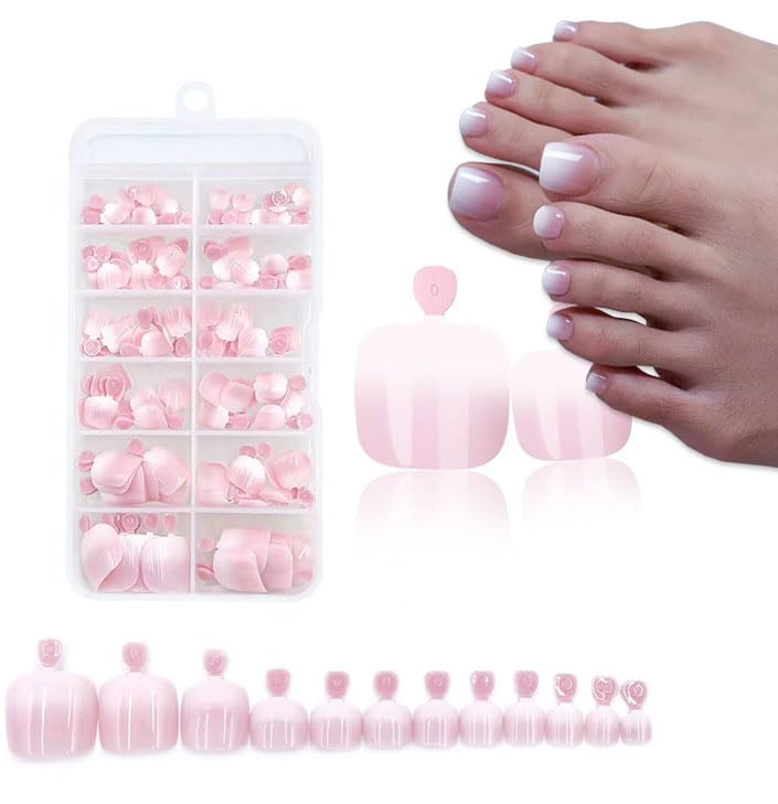120Pcs Pink Ombre Press on Toenails Short Square Fake Toe Nails Full Cover Summer Stick on False Toenails for Women