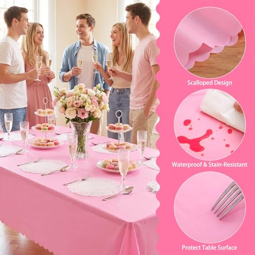 Image of NatNarr 3 Pcs Plastic Pink Tablecloths, Scalloped Rectangle Table Cloths