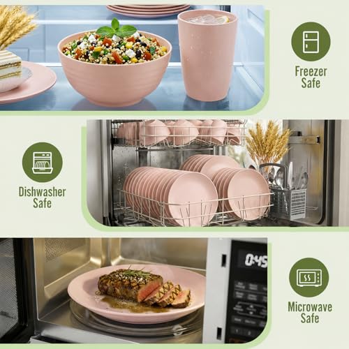 Image of Wheat Straw Dinnerware Sets for 8, 40 Piece Unbreakable Dinnerware Set, Plates and Bowls Sets, Kitchen Plates and Bowls Set, Lightweight Dish Set for Travel Camping Party Outdoor Use - Muted Pink