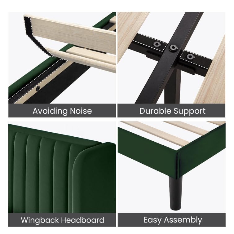 Image of HITHOS Solid Wood Modern Upholstered King Size Bed with Wingback Headboard | Wooden Double Bed Cot Palang Furture Without Storage (Regal Green) -1 Year Warranty