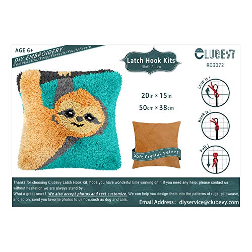 Image of clubevy DIY Latch Hook Kits Pillow Case Embroidery Carpet Set Needlework Pillow Cover Sofa Cushion Cover Craft Kits 17x17 inch (Sloth)