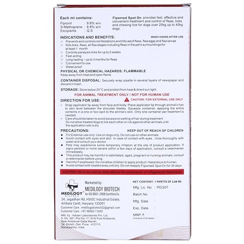 Image of Medilogy Biotech Dog Spot on Solution 2.68ml for Prevention & Effective Control of Flea, Tick & Chewing Lice Treatment for Dogs Weighing from 20kgs to 40 kgs-Pack of 1