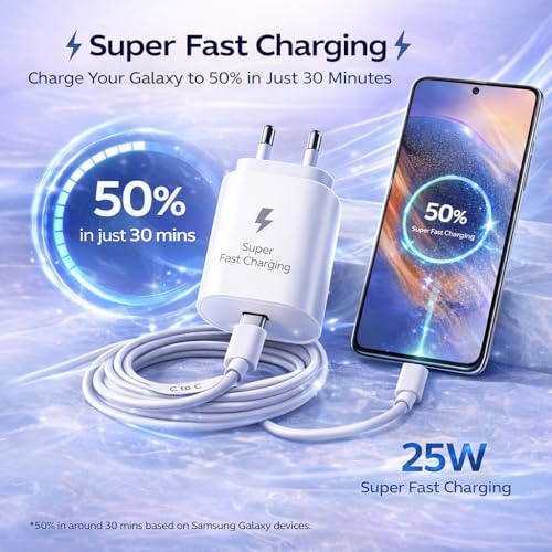 Image of 25W USB C Fast Charger Adapter with Type C to C Cable for Samsung Galaxy S24 /S23, A36 /A35 /A26 /A17 /A16 /A15 /A07 /A06, M56 /M55 /M36 /M35 /M17 /M17e /M16 /M15 /M07 /M06 /M05, F56 /F55 /F36 /F17 /F16 /F15 /F07 /F06 /F05