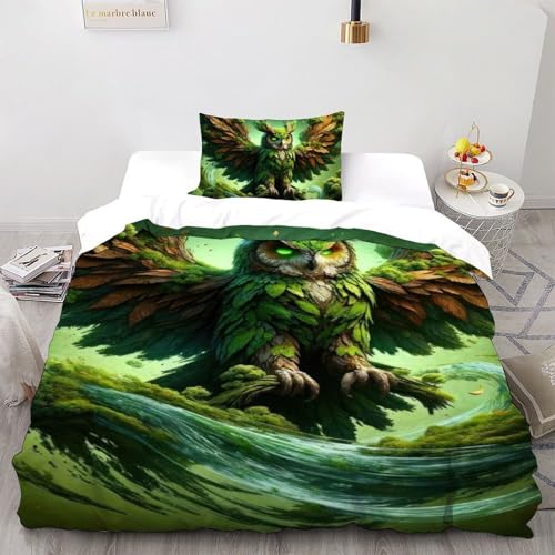 Housse de couette 3D enfants Green Owl parure de lit single 135x200cm