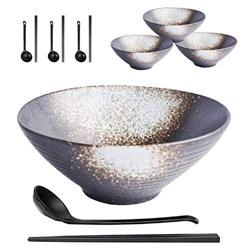 Ceramic Japanese Ramen Soup Bowl Set，4 Sets 12 Piece 9 Inch 50 Ounce Ceramic Noodle Bowls with Matching Spoons and Chopsticks for Wonton Broth Pho Udon Soba Noodles white