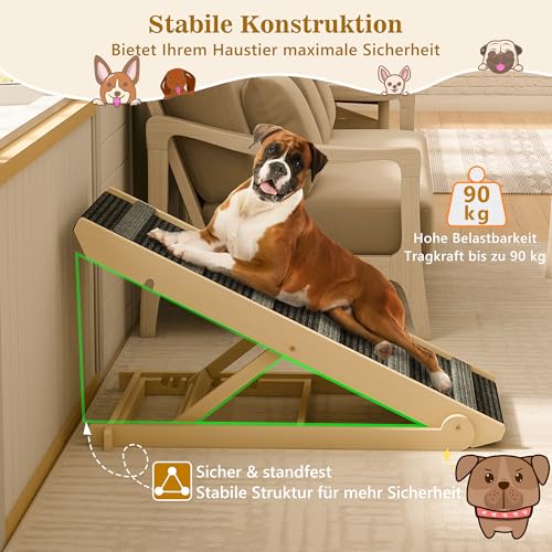 Hunderampe aus Holz, verstellbare Rampe Hund für Sofa, Bett oder Auto, 7-stufig höhenverstellbar 28–68 cm, tragbar, rutschfeste Hundetreppe mit Teppich, ideal für kleine und ältere Hunde, bis 90 kg