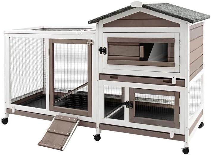 Ketive Rabbit Hutch Indoor Outdoor Two Story Bunny Hutch with Wheels Guinea Pig Cage with Removable No Leaking Tray Wooden Pet House