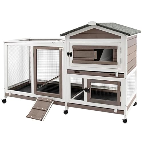 Rabbit Hutch Indoor Outdoor Two Story Bunny Hutch with Wheels Guinea Pig Cage with Removable No Leaking Tray Wooden Pet House RAB14-GREY 55.3"L x 21.7