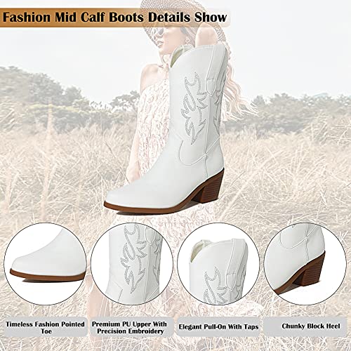 Tscoyuki Women's Embroidery White Cowboy Mid Calf Boots, Low Chunky Heel Cowgirl Wedding Western Ankle Booties With Pull-Up Tabs #TOP3