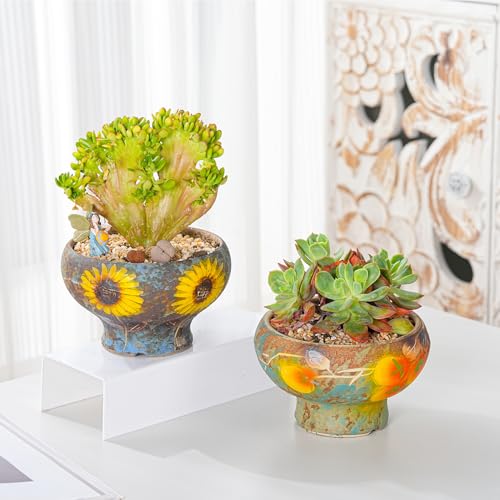 Image of Sungmor Small Succulent Planters Set of 2, Beautiful Hand Crafted Ceramic Plant Pots Cute Cactus Pot, 6.5 Inch Flower Pots for Indoor Plants with Drainage, Desktop Windowsill Home Office Decor Pots