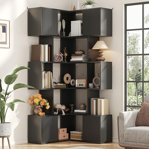 Image of kepptory 5 Tier Corner Bookshelf, 71 inch Storage Bookcase, L-Shaped Cube Bookshelf, Modern Display Shelf Standing Unit, Wood Metal Living Room /Home Office /Bedroom Display Unit, Black