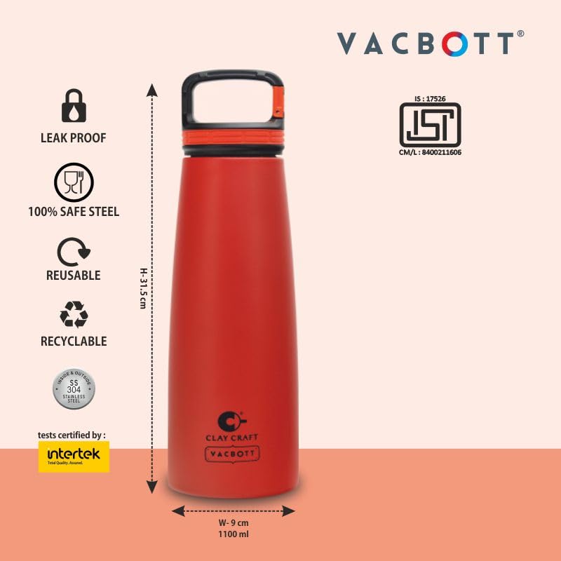 Image of CLAY CRAFT VACBOTT Harriet Swag Double Walled|18 Hours Hot and 24 Hours Cold Water Bottle Vacuum Insulated Flask|Thrmosteel Bottle|1000ML, Water Bottle|BPA-Free|BIS Certified|1Year Limited Warranty