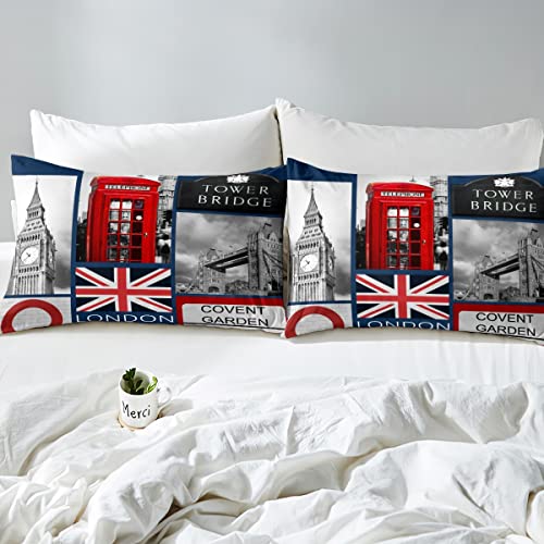 Homewish London Comforter Cover Romantic City Building Bedding Set for Teens Boys,Big Bent Duvet Cover United Super Kingdom Tower Bridge Bed Set Red Telephone Booth Union Jack Flag Bedroom Decor King - Image 4