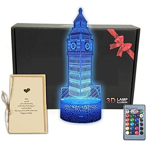 MARZIUS World Landmark Building 3D Illusion LED Table Lamp Night Light with Greeting Card,Luminous Base,16 Colors Change,Remote Control,Funny Gift for Men, Women, Kids, Boys, Teens (Big Ben London) Cover
