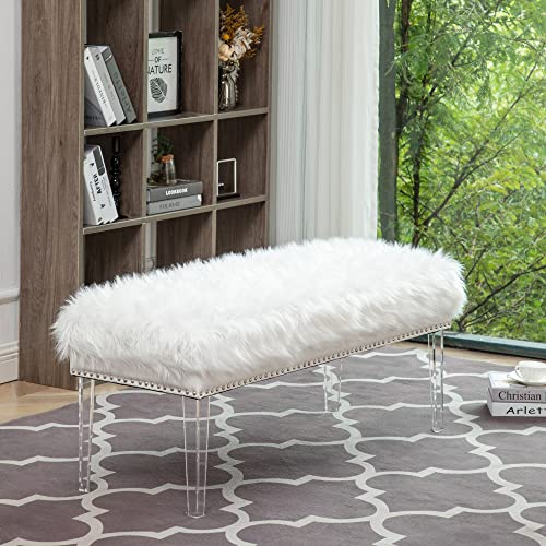 Awonde White Faux Fur Bench Upholstered Bed Bench For Bedroom Living Room Entryway Long Ottoman Bench With Acrylic Legs #TOP2