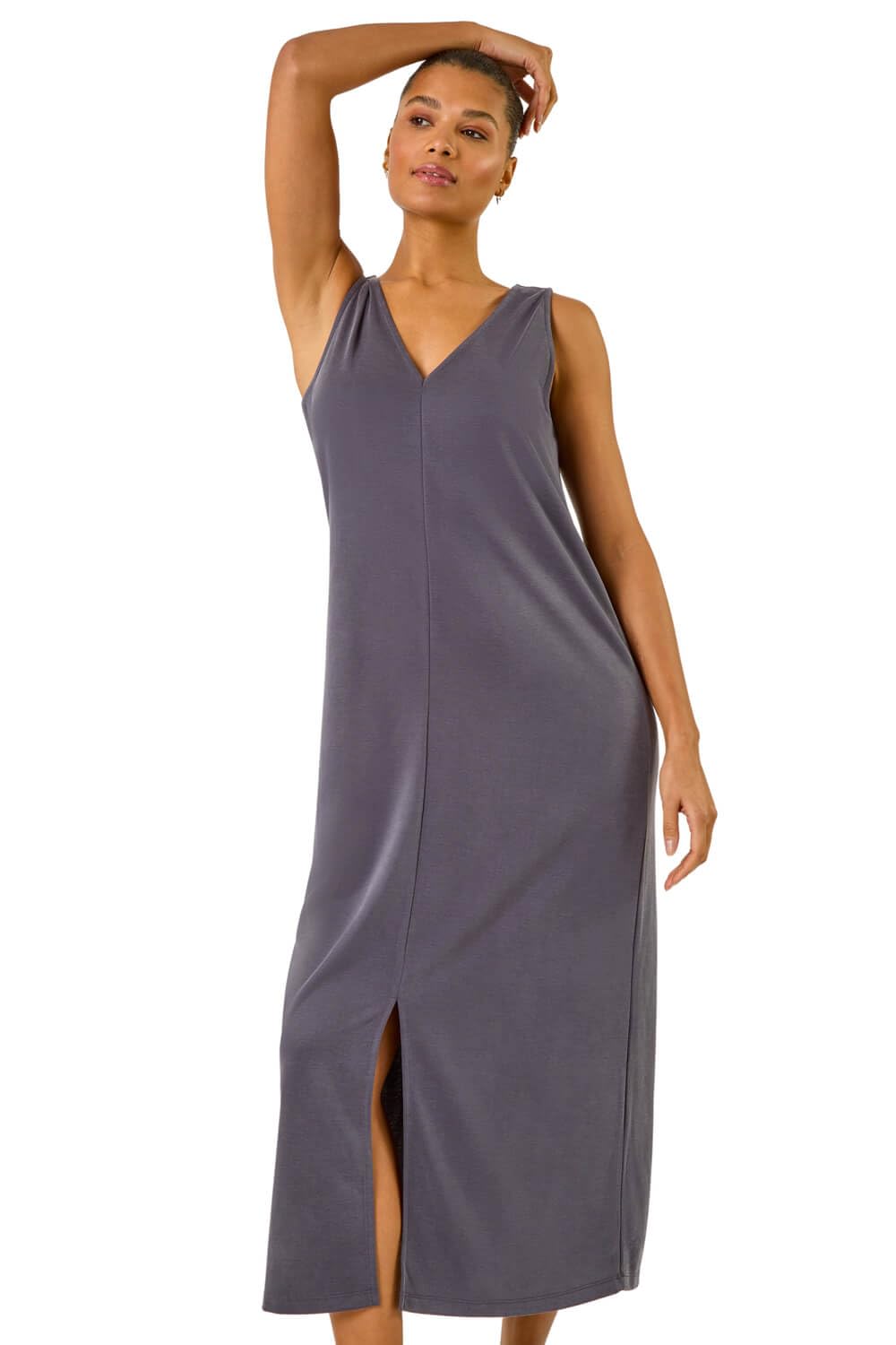 Roman Originals Women's Grey Soft Pique Stretch Midi Dress For Uk - Everyday Holiday Spring Summer V-Neckline Comfy Soft Evening Vacation Work Party - Size 12