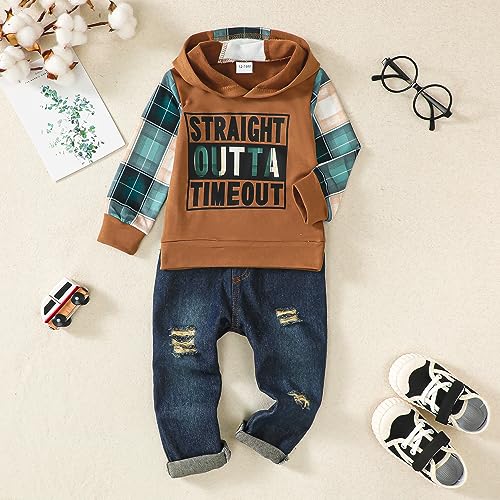 Image of Toddler Boy Clothes Baby Boy Outfit Letter Prints Hoodies Top Ripped Jeans Cute Boys Clothing Set Fall Winter