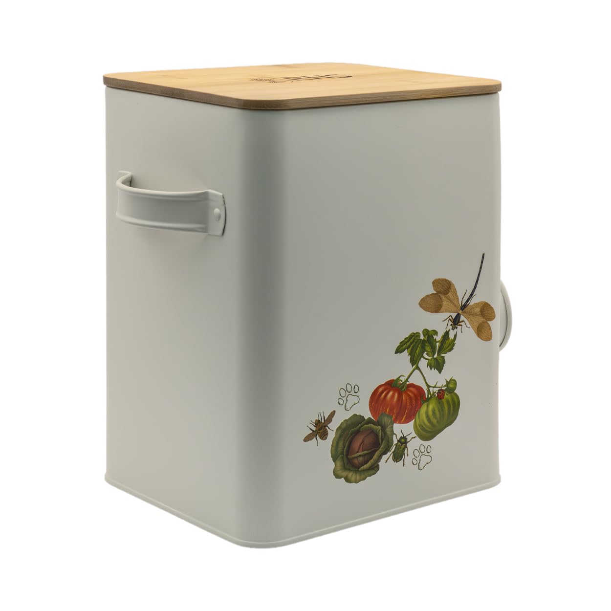 RHS Dog Food Storage Tin with Scoop (5.5L), Metal Storage Container for Pet Food & Treats, Airtight Wooden Lid for Freshness, Vintage Botanical Kitchenware, Easy Lift Handles