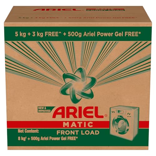 Image of Ariel Matic Detergent Powder Front Load - 5kg + 3kg + 500g Liquid free | Removes 100 Tough Stains in 1 wash | Specially Designed for Washing Machines | Fresh Fragrance