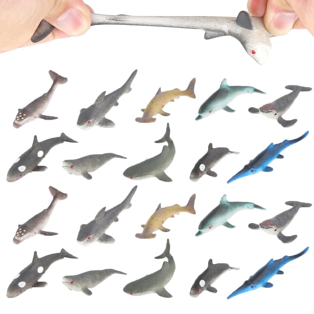 20 PCS Mini Rubber Shark Toy Figure, Super Stretches Bath Toy Set, Material TPR, Ocean Sea Animal Floating Bathtub Toy Party Favors, Realistic Shark Dolphin Whale Toy