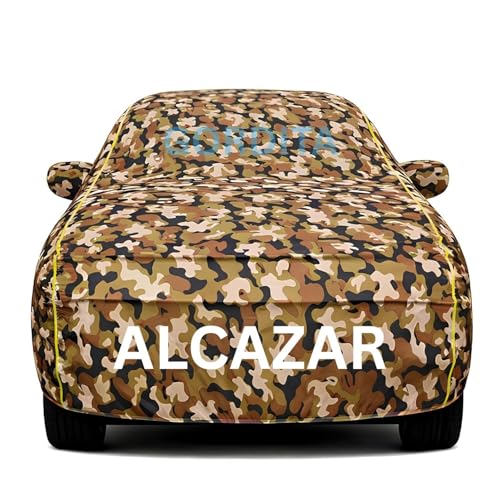 Image of Waterproof Car Body Cover for Alcazar All Weather Protection Comes with Inner Cotton Lining & Triple Stitched with Mirror & Antenna Pocket Belt & Elastic Fit Army with Yellow Piping2