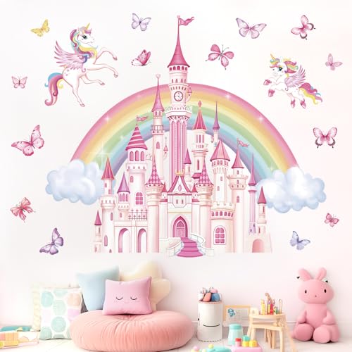 wondever Adesivi Murali Arcobaleno Castello Grand Sticker da Muro Bambini Unicorno Farfalla Adesivi da Parete per Camere Ragazze Asilo Nido Camerette Bambini