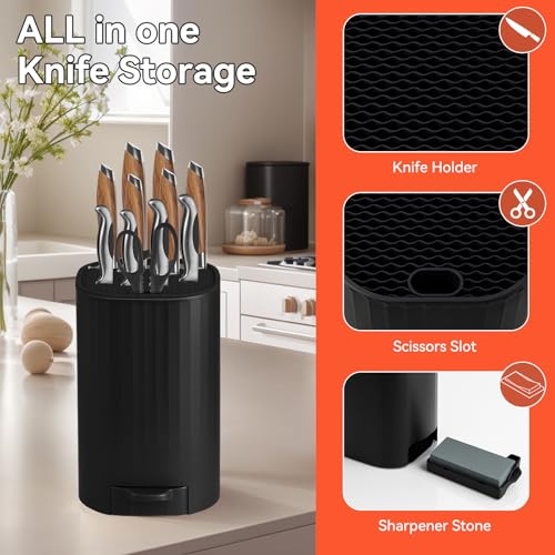 Knife Block Without Knives, Qoosea 4 in 1 Universal Square Knives Block with Scissors Slot Sharpening Rod Slot and Stone, Detachable Kitchen Knife Storage Holder for Easy Cleaning Space Saver-Black - Image 3