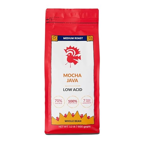 Puroast - Café en grano entero bajo en ácido, Mocha Java, tostado medio, café certificado bajo en ácido, 5.5+ pH, salud intestinal, 2.2 libras,