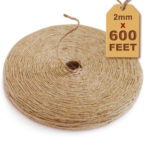 PerkHomy - Cordel de yute natural de 600 pies para manualidades, envoltura de regalos, embalaje, jardinería, ganchillo, tejer macramé, decoración (marrón, 600 pies planos)