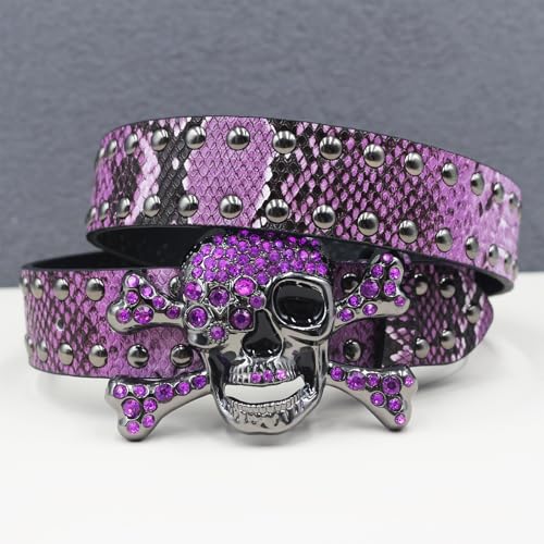 Bling Western Studded Belt for Women Men,Shining Skull Head Cross Rhinestone Buckle Crocodile Pattern Waist Strap(125cm/waist:43", Purple)2
