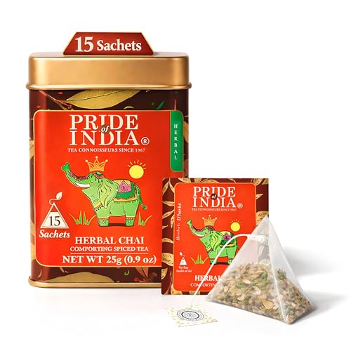 El orgullo de la India Tulsi Chai Herbal Tea Bags 1 Pack (25 saquitos) - Té de hierbas sin cafeína - Spiced Chai calmante y refrescante