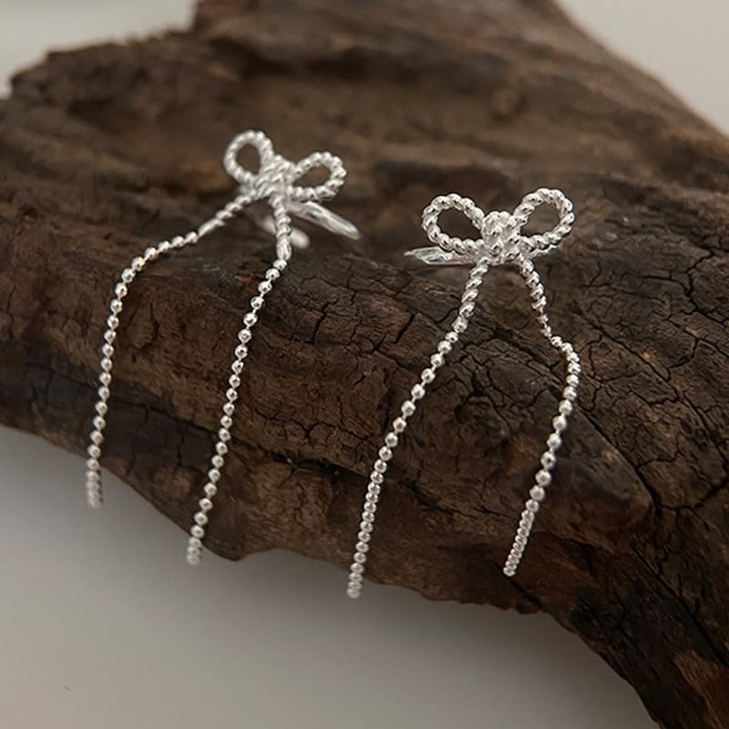 Bowknot Tassel Ear Cuff for Women, 18K Gold Plated Silver Tone Non-Piercing Cartilage Clip Earrings, Dainty Long Chain Drop Wrap Earrings, Minimalist Jewelry Gift for Mother or Best Friend
