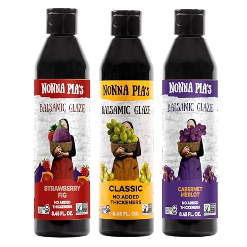 Nonna Pia’s Variety Pack - Classic Balsamic Glaze, Strawberry Fig, & Cabernet Merlot - IGP Certified Balsamic Vinegars - Perfect for Meat, Salads & Seafood - Non-GMO, Gluten-Free - 8.45oz (Pack of 3)