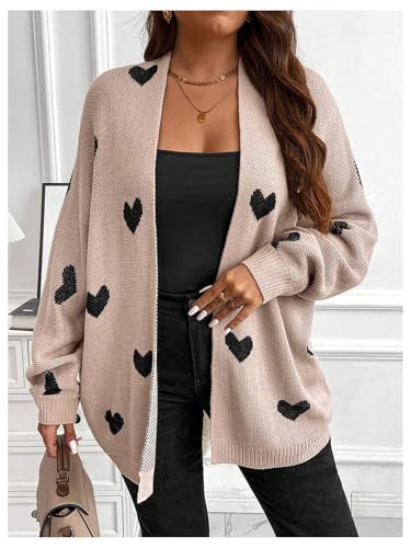 Image of WDIRARA Women's Plus Size Open Front Heart Graphic Cardigan Long Sleeve Sweater Loose Knitted Outerwear Coffee Brown XX-Large Plus