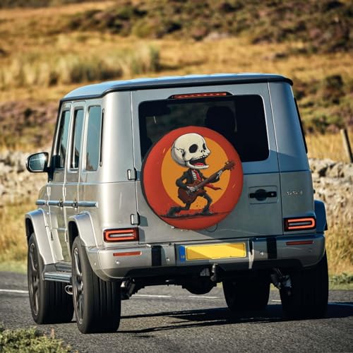 Image of Skeleton Playing Guitar Spare Tire Cover, Universal Wheel Tire Cover Funny Skull Skeleton Tire Protectors for Trailer RV SUV Truck Camper 14 Inch