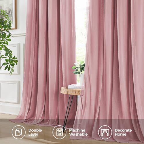 Image of 100% Blackout Curtains for Bedroom, Double Layer Pink Curtains, Black Out Curtain 84 inch Long with Sheer Overlay for Living Room, Room Darkening Window Drapes with Grommet, 52 inch W x 84 inch L
