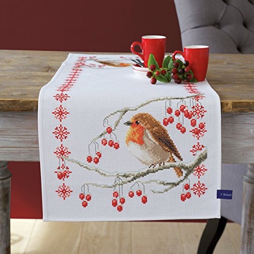Vervaco Aida Läufer Rotkehlchen Kreuzstichpackung, Weiß, 32 x 84 x 0,3 cm
