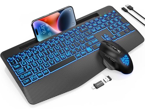 Wireless Keyboard and Mouse Backlits, Wrist Rest, LED Mouse, Rechargeable