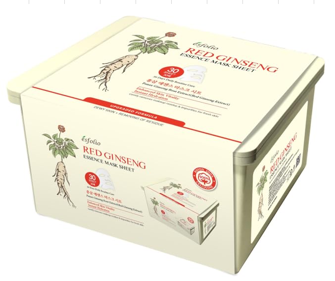 esfolio Made in Korea 30 Sheets Pure Skin Facial Mask – Red Ginseng Essence Hydrating Face Mask for Smooth, Soft, Firm, and Supple Looking Skin – Korean Daily Sheet Mask Skincare Pack