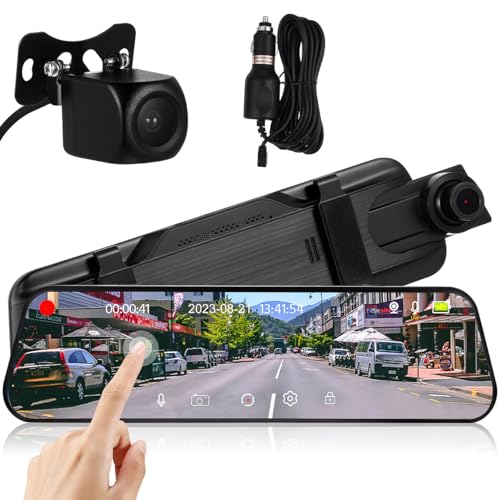 ULTECHNOVO Caméra de Tableau de Bord Et Arrière 10 1 Pouces Plein Écran avec Rétroviseur Tactile Double Enregistrement pour Voiture Caméra de Recul