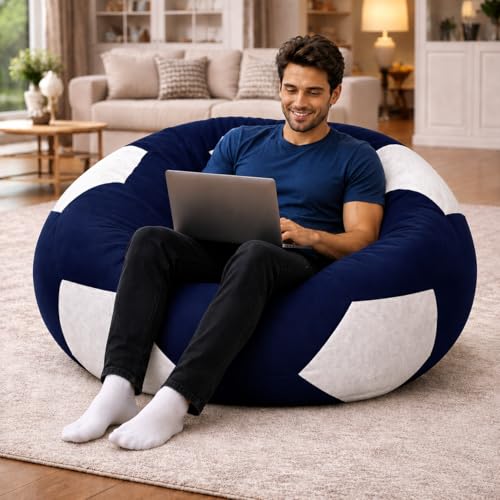 Image of RnS Rest 'n' Sleep Faux Leather Football Bean Bag Filled with Beans | Bean Bag Sofa Chair for Adults & Kids | Home, Office & Restaurant | Capacity Up to 90kg | 1 Year Warranty (White /Navy Blue, XXXL)