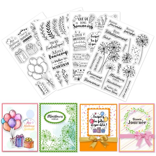 GLOBLELAND 4 feuille de Tampons Transparents de Vœux D'Anniversaire en Français pour le Scrapbooking DIY Couronne et Pissenlit Tampons Transparents en...