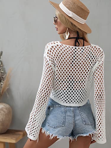 Image of Women Crochet Hollow Out Sweater See Through Fishnet Knit Pullover Cropped Tops