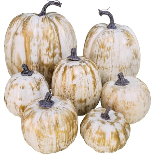 Image of 7 Pcs Assorted Sizes Fall Artificial Pumpkins Harvest Pumpkins Faux Foam Pumpkins for Fall Autumn Season Halloween Thanksgiving Harvest Holiday Season Festive Tabletop Decoration (Gold Brush White)