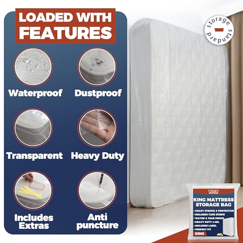 King Mattress Bags for Moving & Storage – Heavy Duty Thick 4mil Reusable Mattress Storage Bag, Waterproof Plastic Mattress Cover for Moving - Fits King Size Bed - 1 Clear Bag, 100 x 80 x 15 Inches by Storage Standard - Image 3