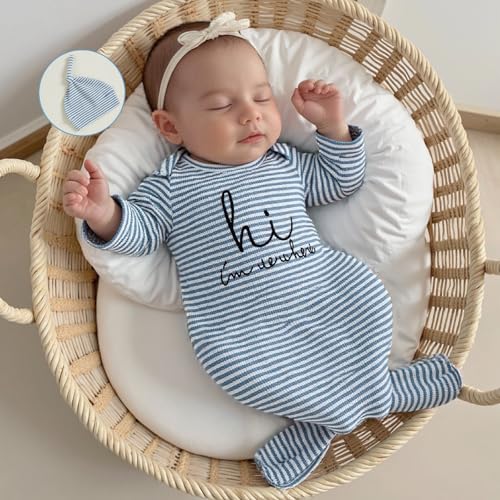 Image of Baby Girl Boy Sleeping Waffle Bag Letter Embroidery Long Sleeve Sleep Striped Sack with Hat 2 Piece Set for Fall